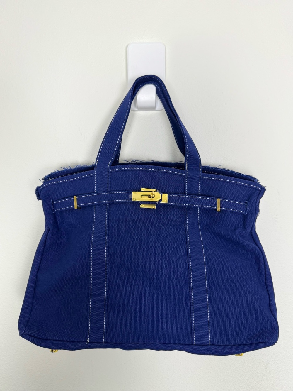 Boatkin Tote Bag Blue Canvas Satchel Handbag Gold Hardware Double Handle